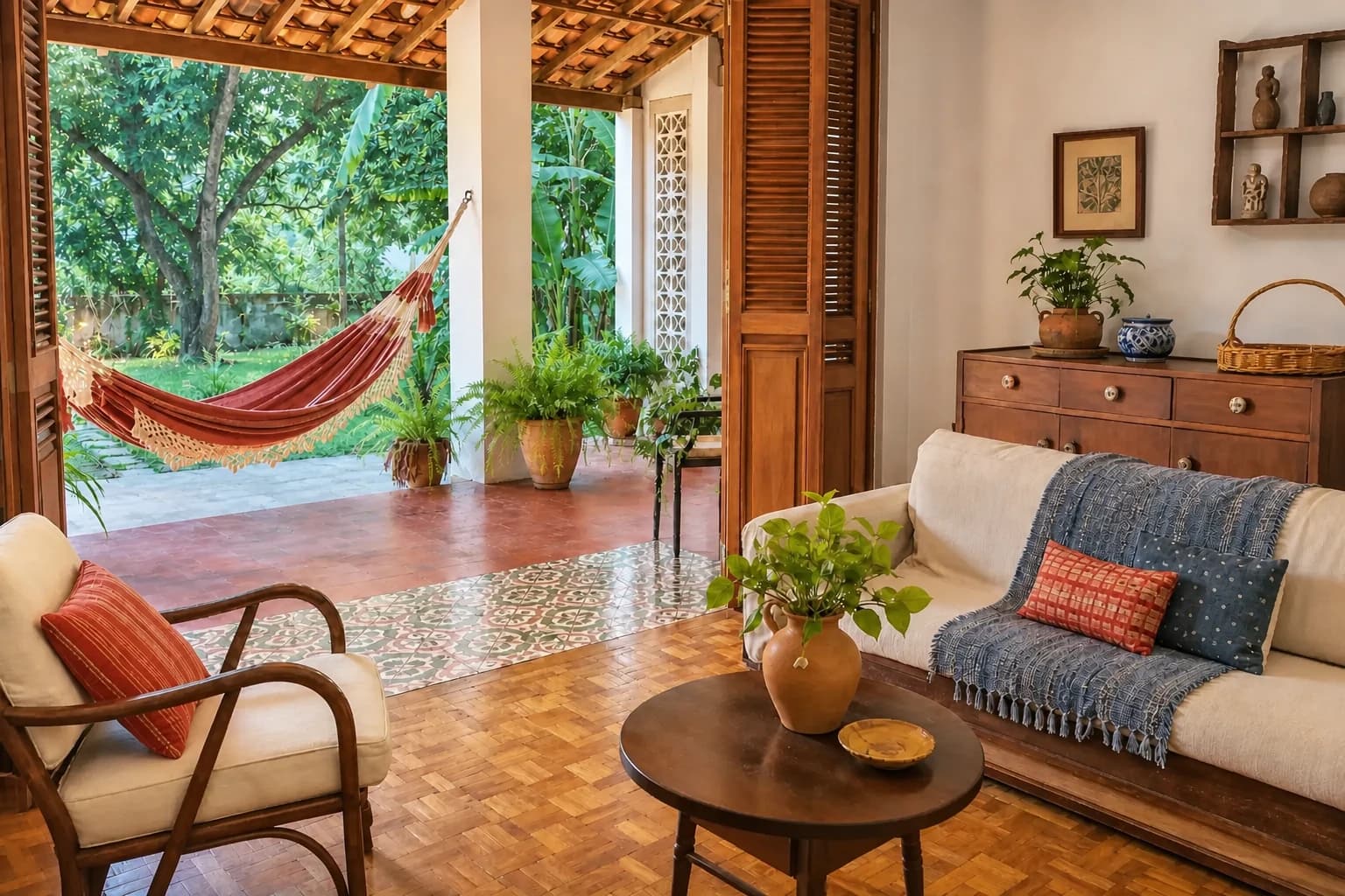 Sala brasileira acolhedora com varanda, rede, móveis de madeira, plantas e luz natural